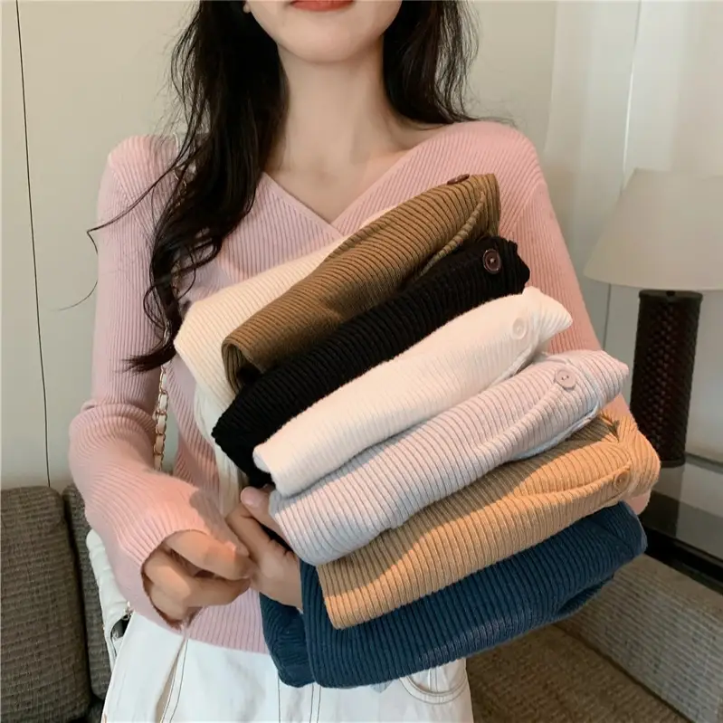 Women Cross V Neck Long Sleeve Sweater Black - Image 7