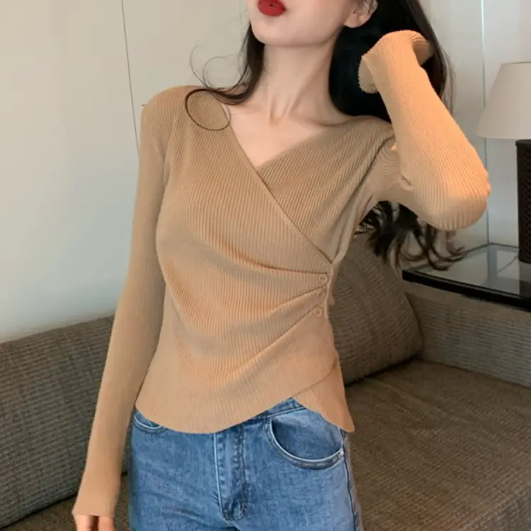 Women Cross V Neck Long Sleeve Sweater Black - Image 8