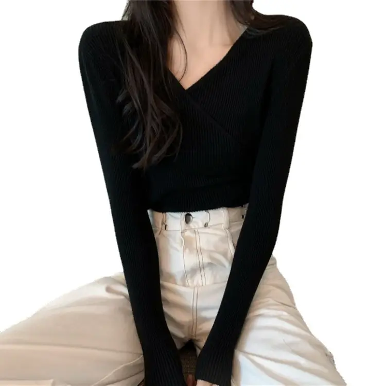 Women Cross V Neck Long Sleeve Sweater Black - Image 9