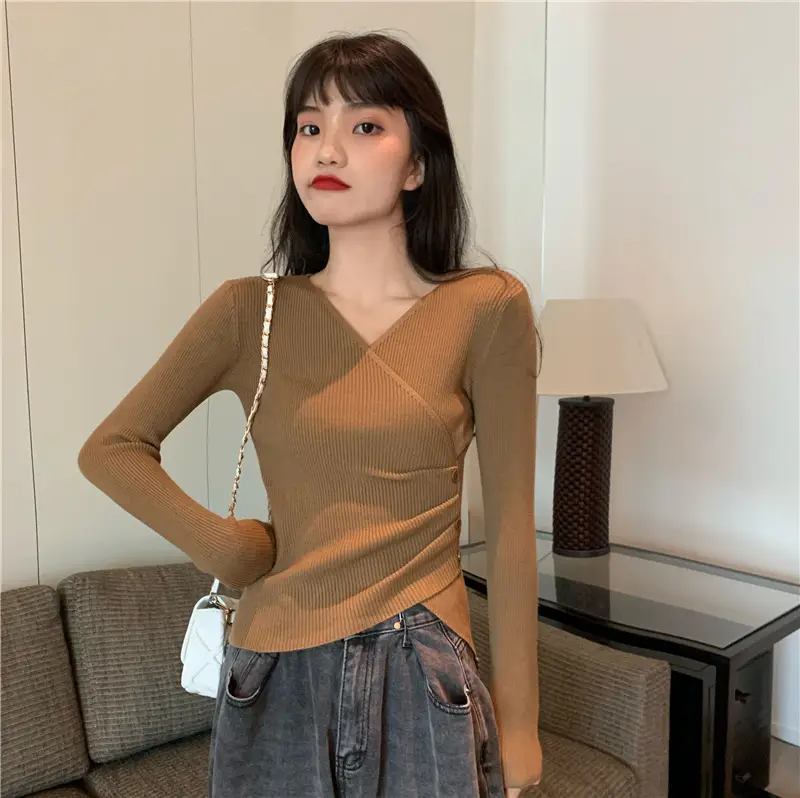 Women Cross V Neck Long Sleeve Sweater Black — feature 1
