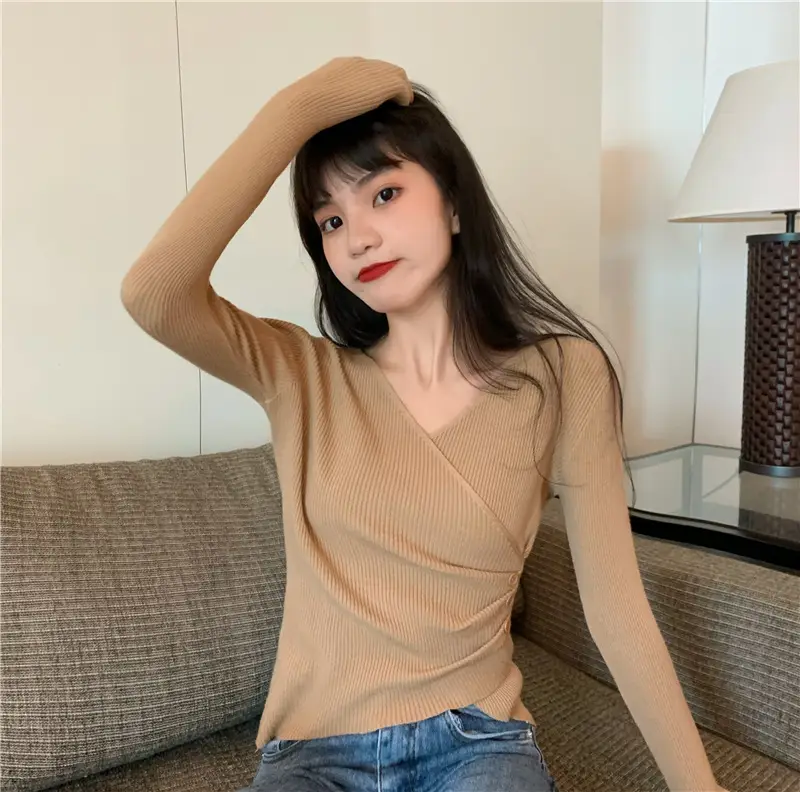 Women Cross V Neck Long Sleeve Sweater Black — feature 10