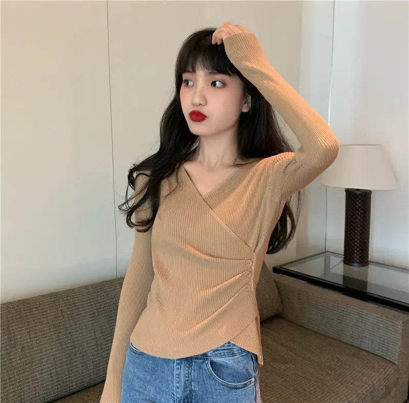 Women Cross V Neck Long Sleeve Sweater Black — feature 11