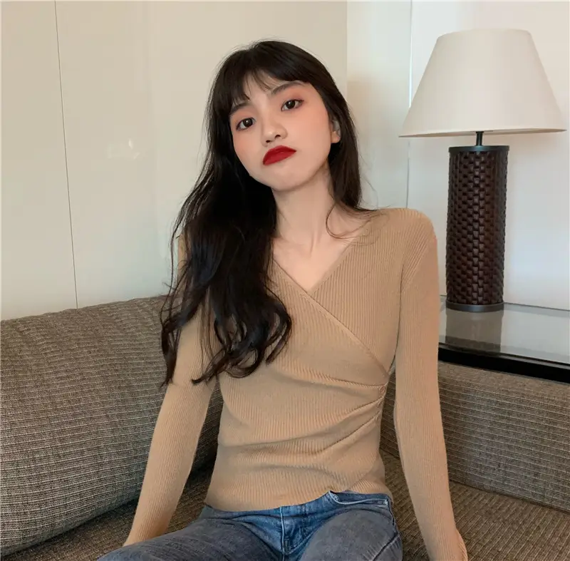 Women Cross V Neck Long Sleeve Sweater Black — feature 12
