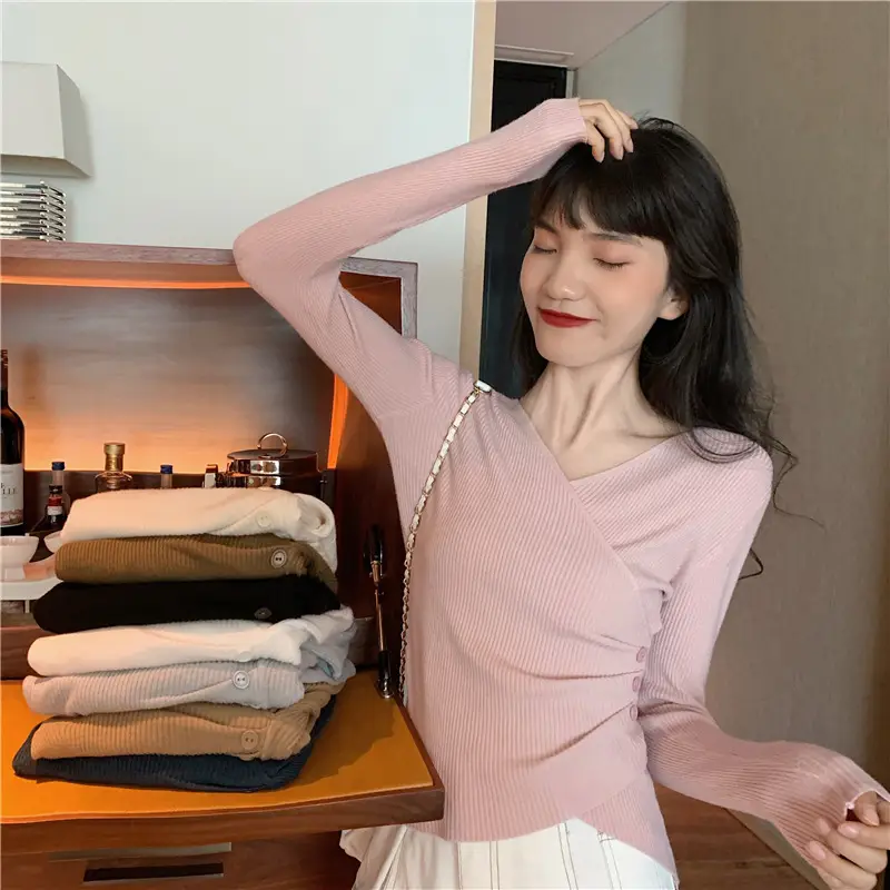 Women Cross V Neck Long Sleeve Sweater Black — feature 13