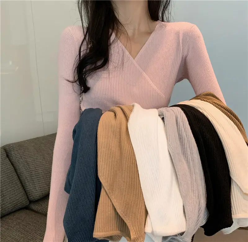 Women Cross V Neck Long Sleeve Sweater Black — feature 15