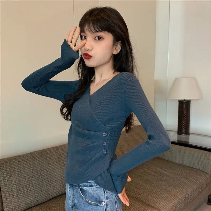 Women Cross V Neck Long Sleeve Sweater Black — feature 21