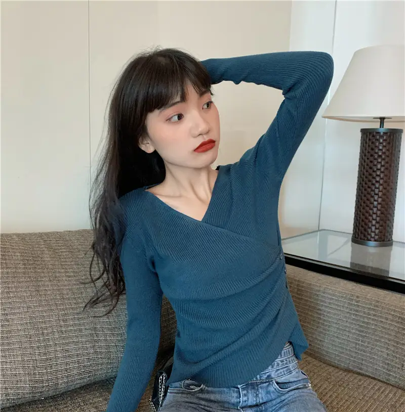 Women Cross V Neck Long Sleeve Sweater Black — feature 22