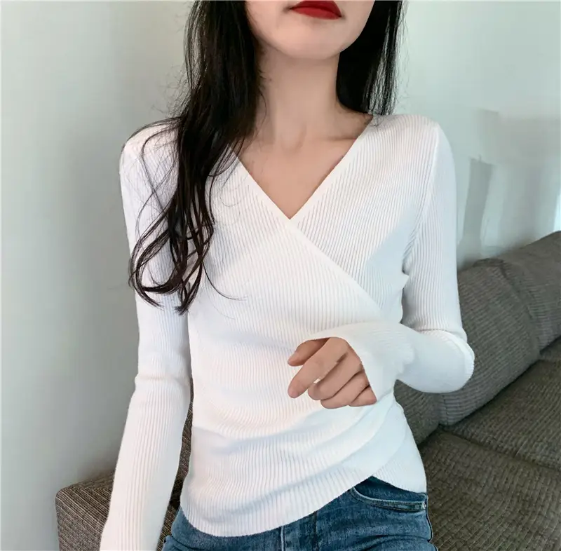 Women Cross V Neck Long Sleeve Sweater Black — feature 23