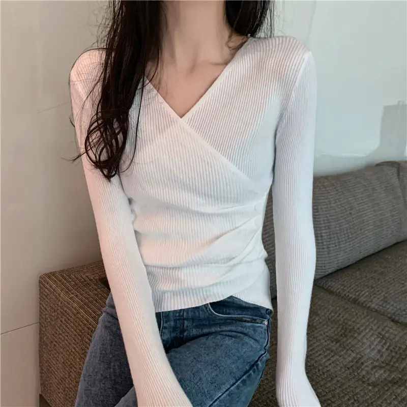 Women Cross V Neck Long Sleeve Sweater Black — feature 24
