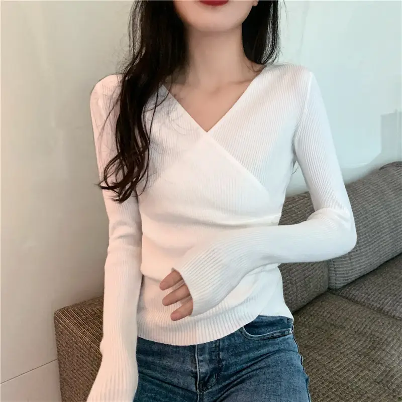 Women Cross V Neck Long Sleeve Sweater Black — feature 25