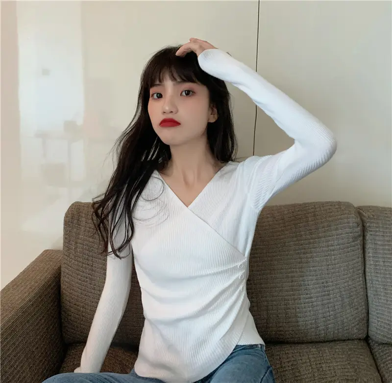 Women Cross V Neck Long Sleeve Sweater Black — feature 26