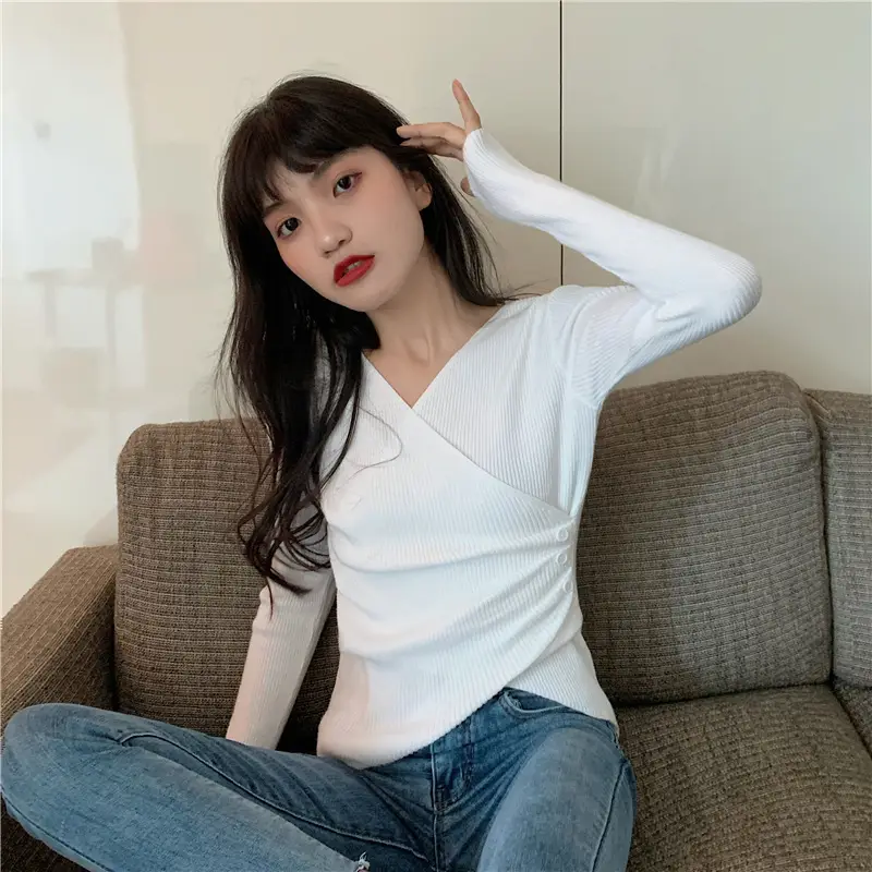 Women Cross V Neck Long Sleeve Sweater Black — feature 27
