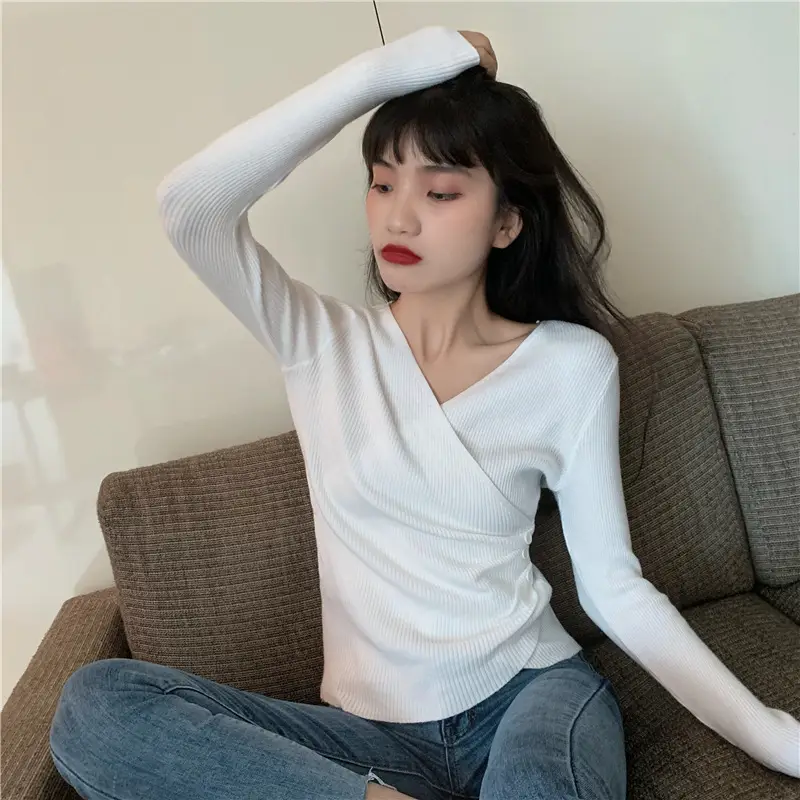 Women Cross V Neck Long Sleeve Sweater Black — feature 28