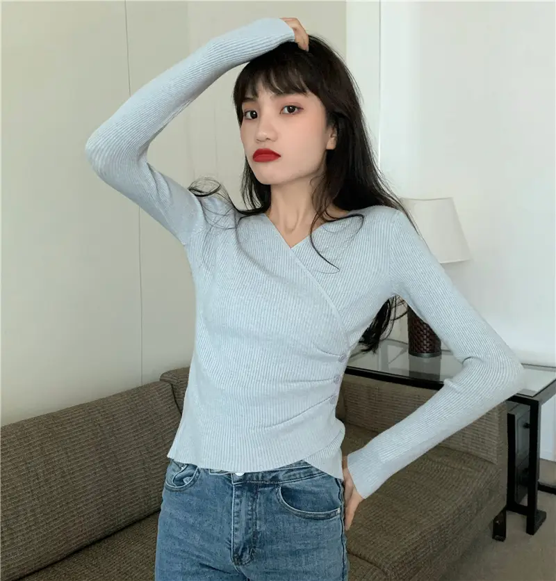 Women Cross V Neck Long Sleeve Sweater Black — feature 29