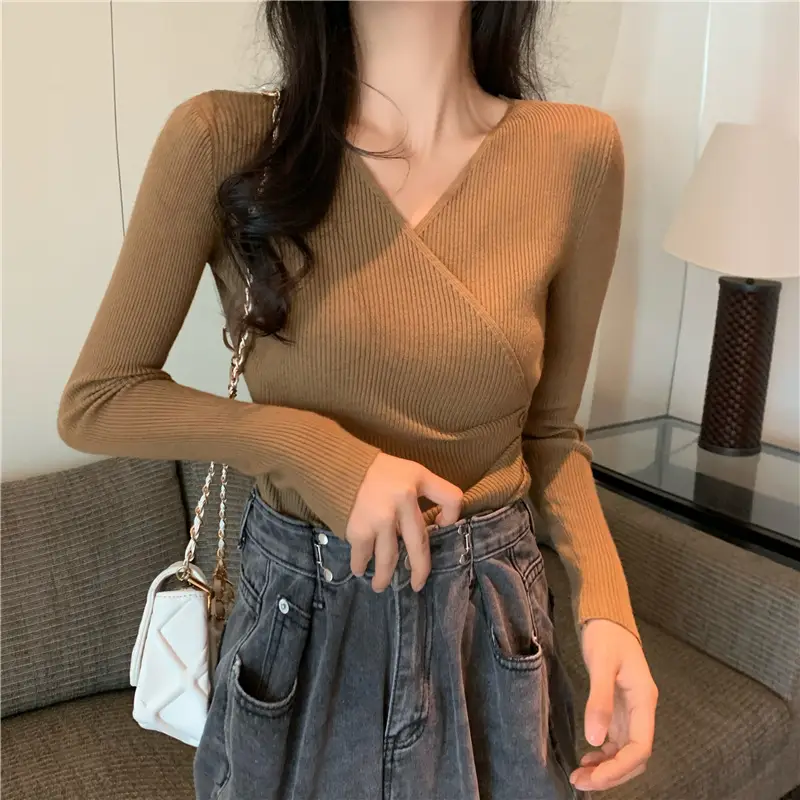 Women Cross V Neck Long Sleeve Sweater Black — feature 3