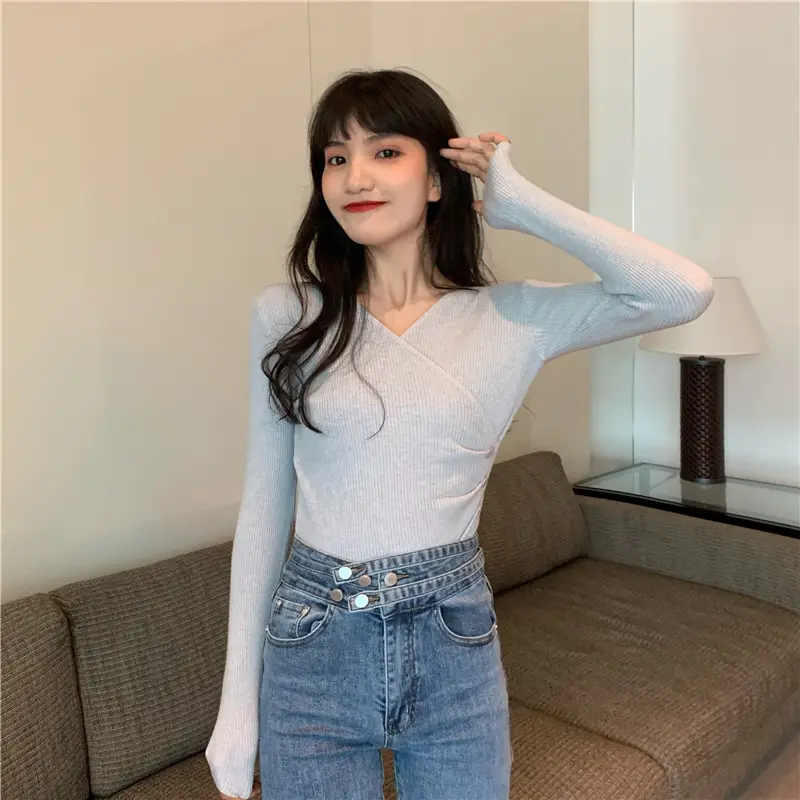 Women Cross V Neck Long Sleeve Sweater Black — feature 30
