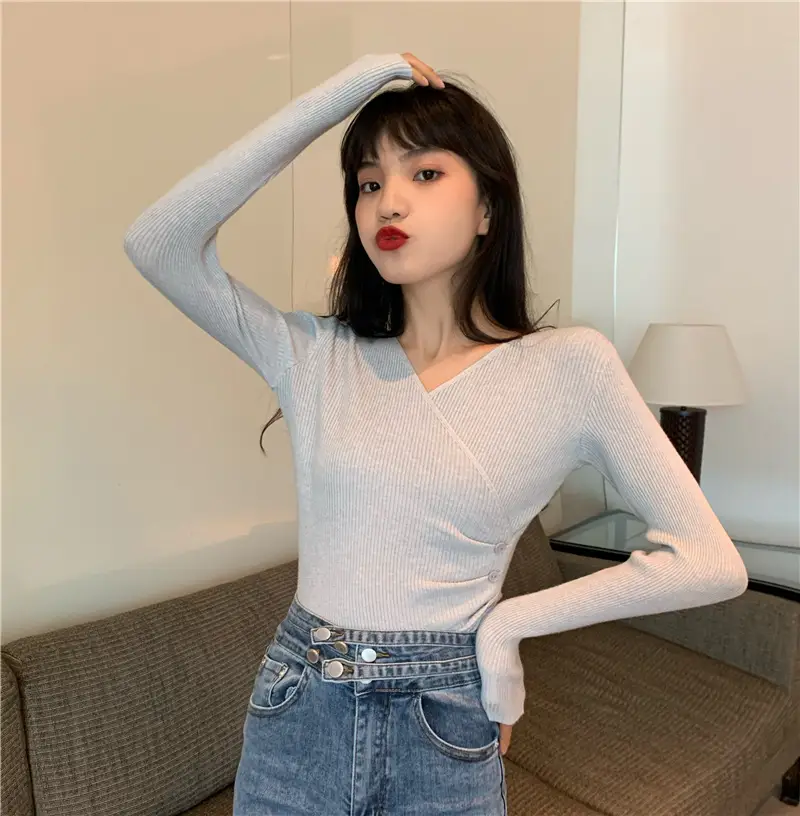 Women Cross V Neck Long Sleeve Sweater Black — feature 31