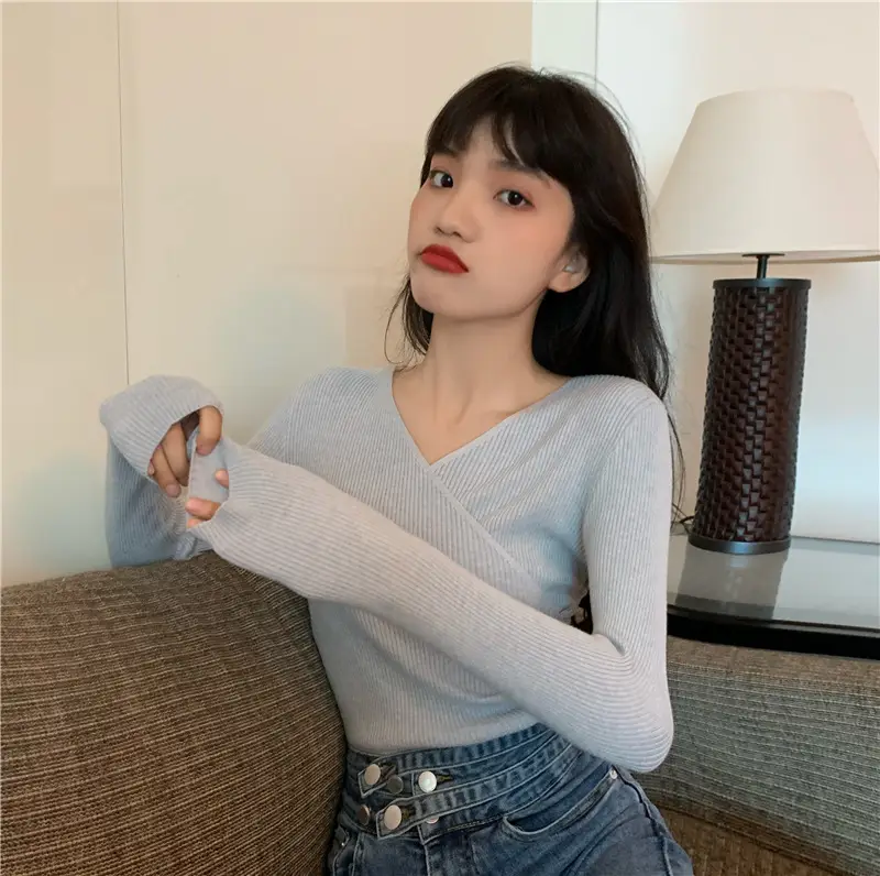 Women Cross V Neck Long Sleeve Sweater Black — feature 32