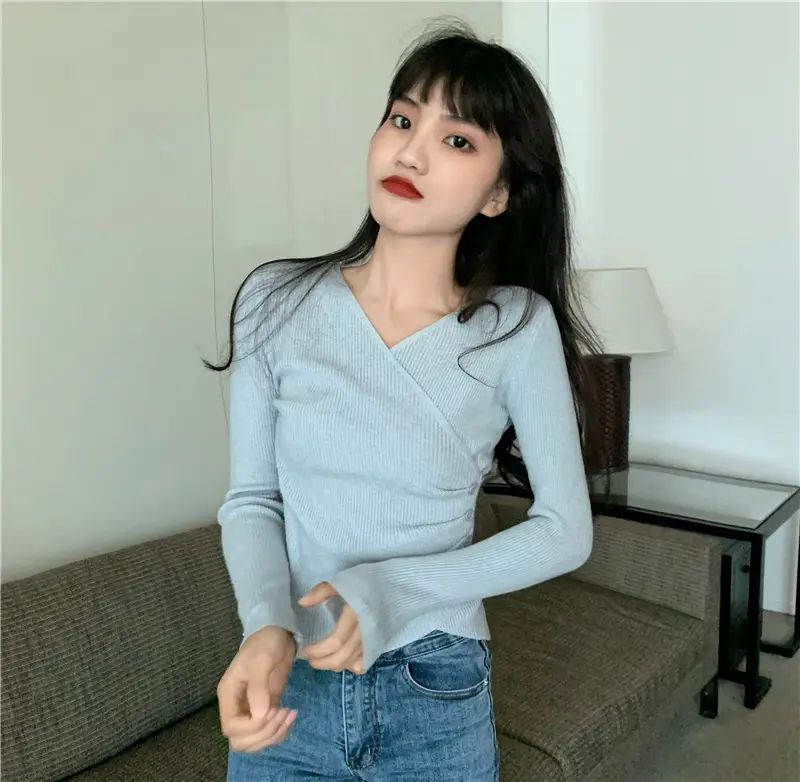 Women Cross V Neck Long Sleeve Sweater Black — feature 33