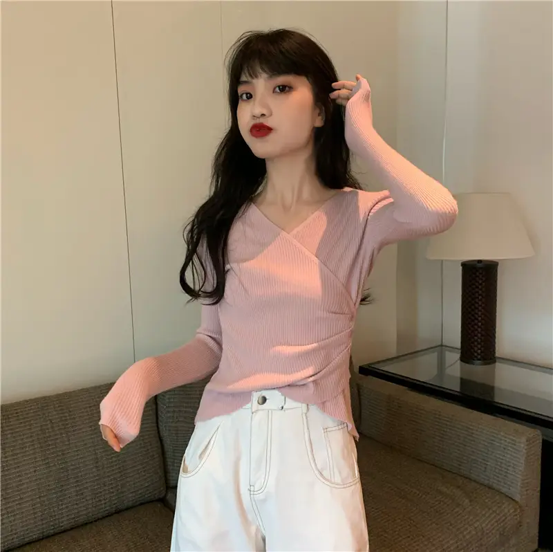 Women Cross V Neck Long Sleeve Sweater Black — feature 34
