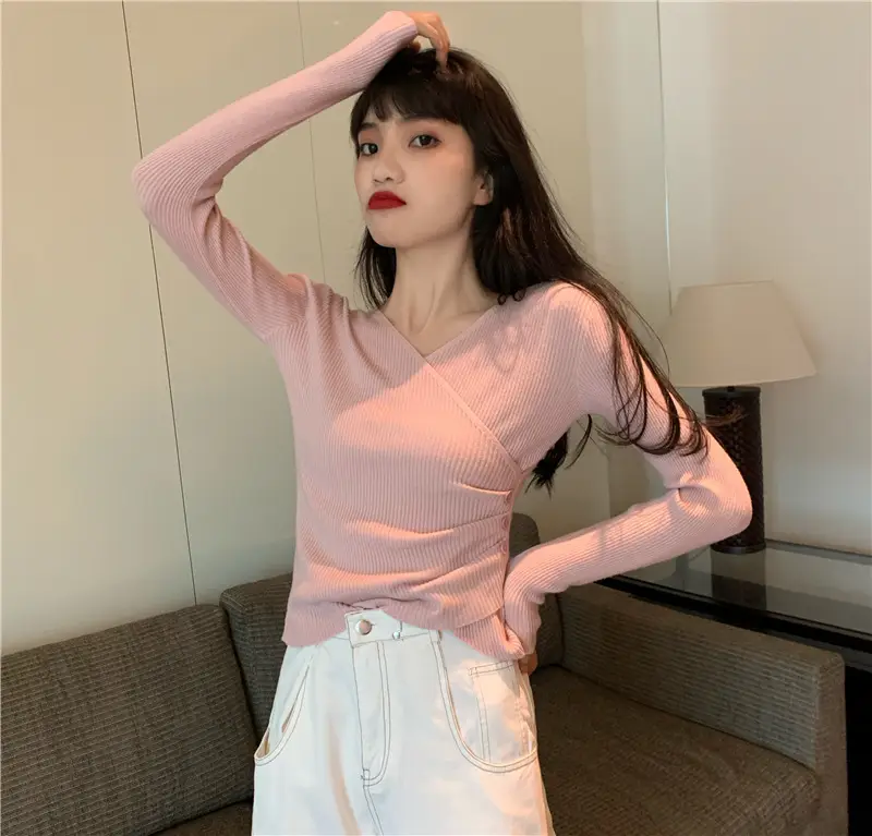 Women Cross V Neck Long Sleeve Sweater Black — feature 36