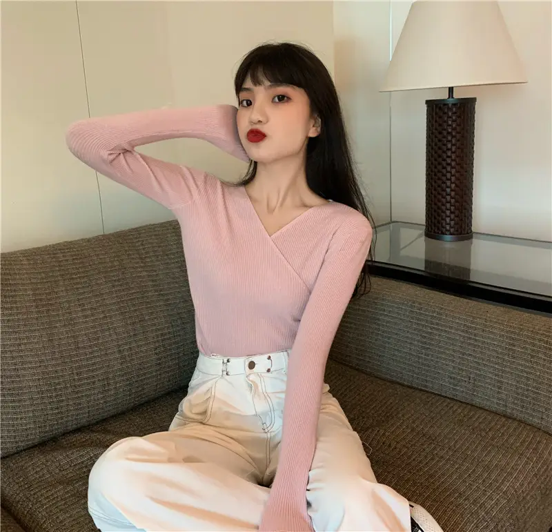 Women Cross V Neck Long Sleeve Sweater Black — feature 37