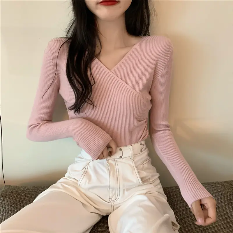 Women Cross V Neck Long Sleeve Sweater Black — feature 38