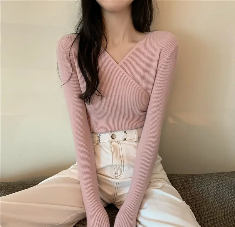 Women Cross V Neck Long Sleeve Sweater Black — feature 40