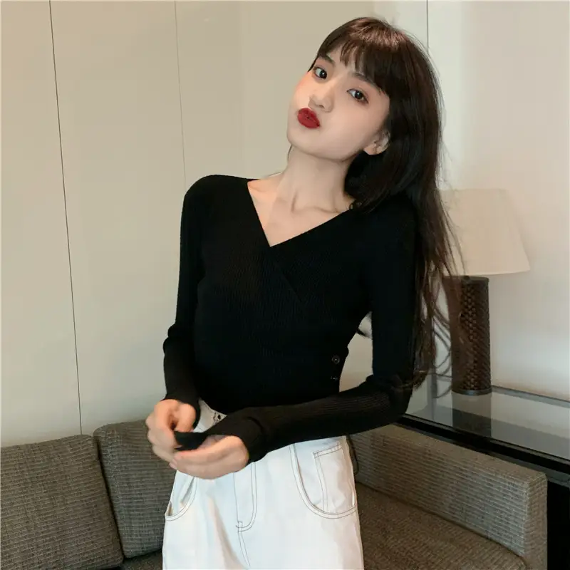 Women Cross V Neck Long Sleeve Sweater Black — feature 41