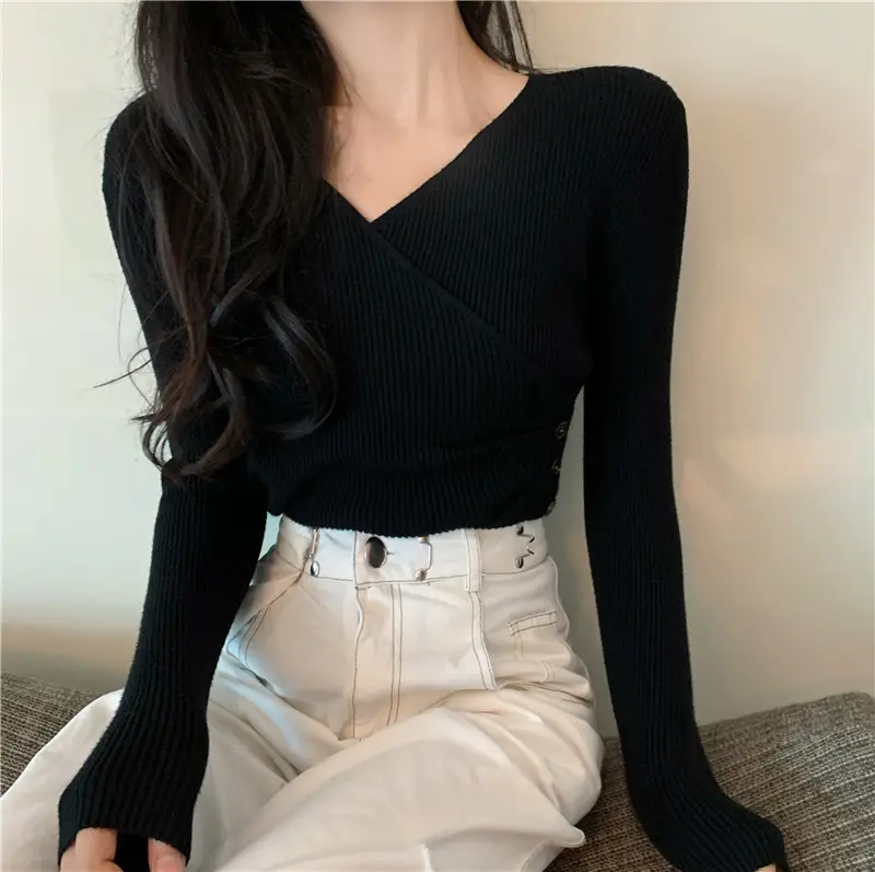 Women Cross V Neck Long Sleeve Sweater Black — feature 42