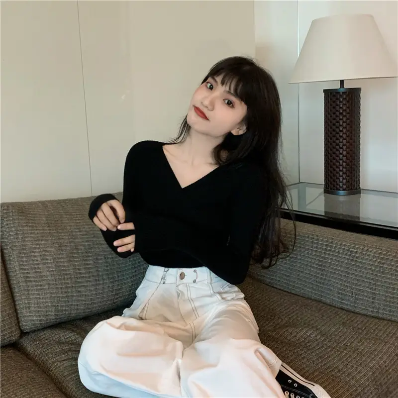Women Cross V Neck Long Sleeve Sweater Black — feature 43