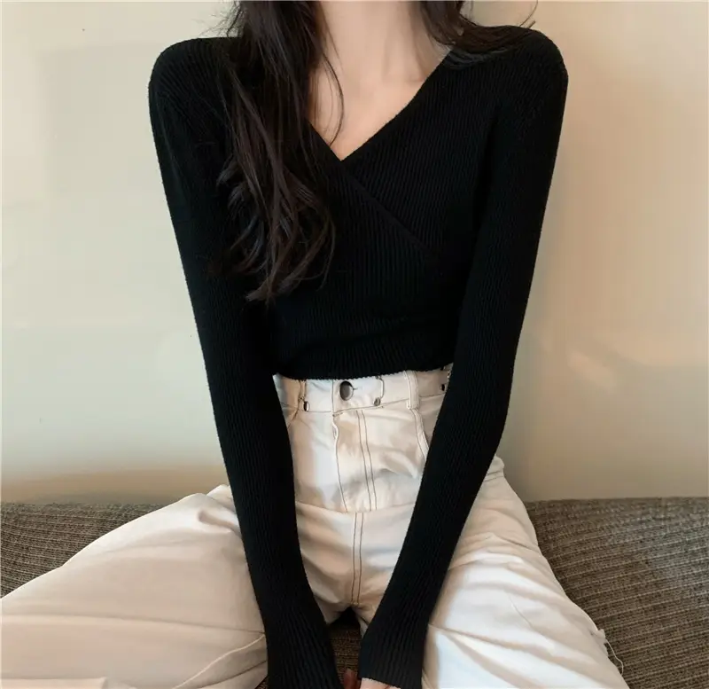Women Cross V Neck Long Sleeve Sweater Black — feature 44