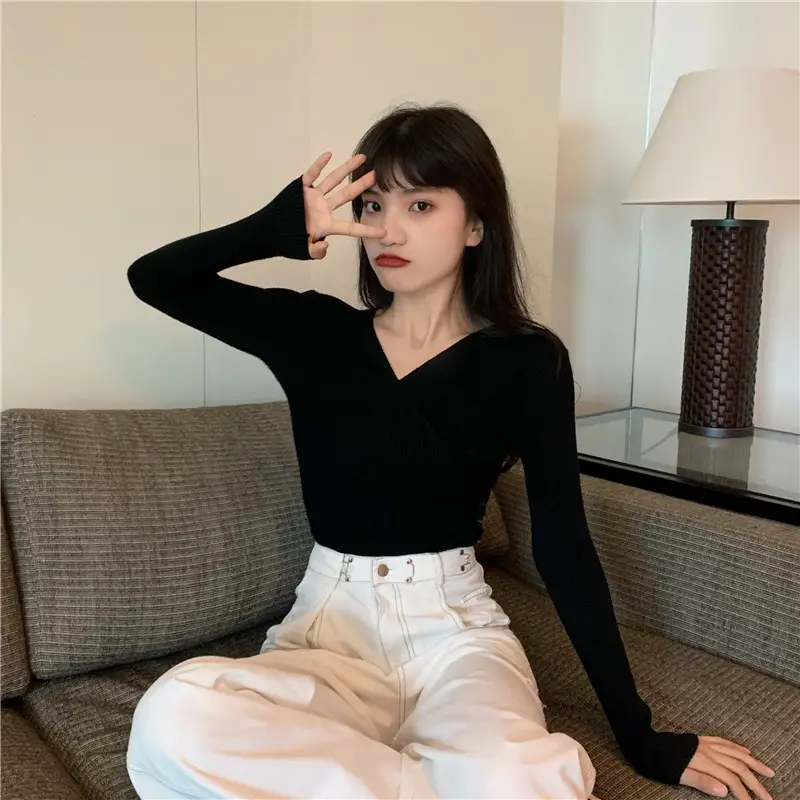 Women Cross V Neck Long Sleeve Sweater Black — feature 45