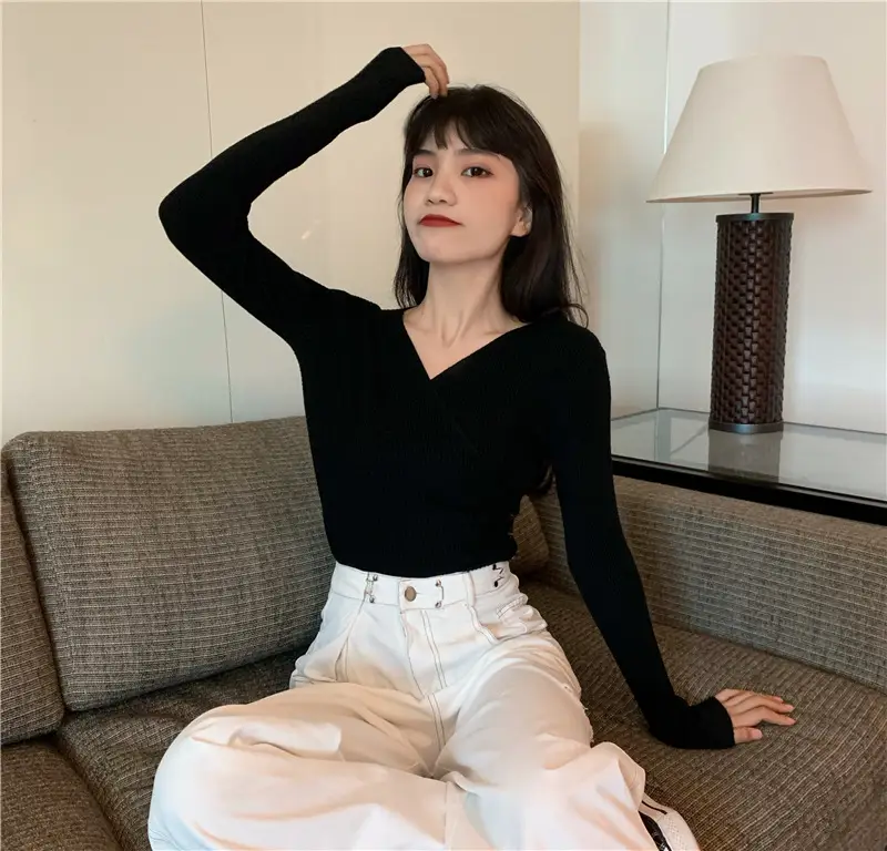 Women Cross V Neck Long Sleeve Sweater Black — feature 46