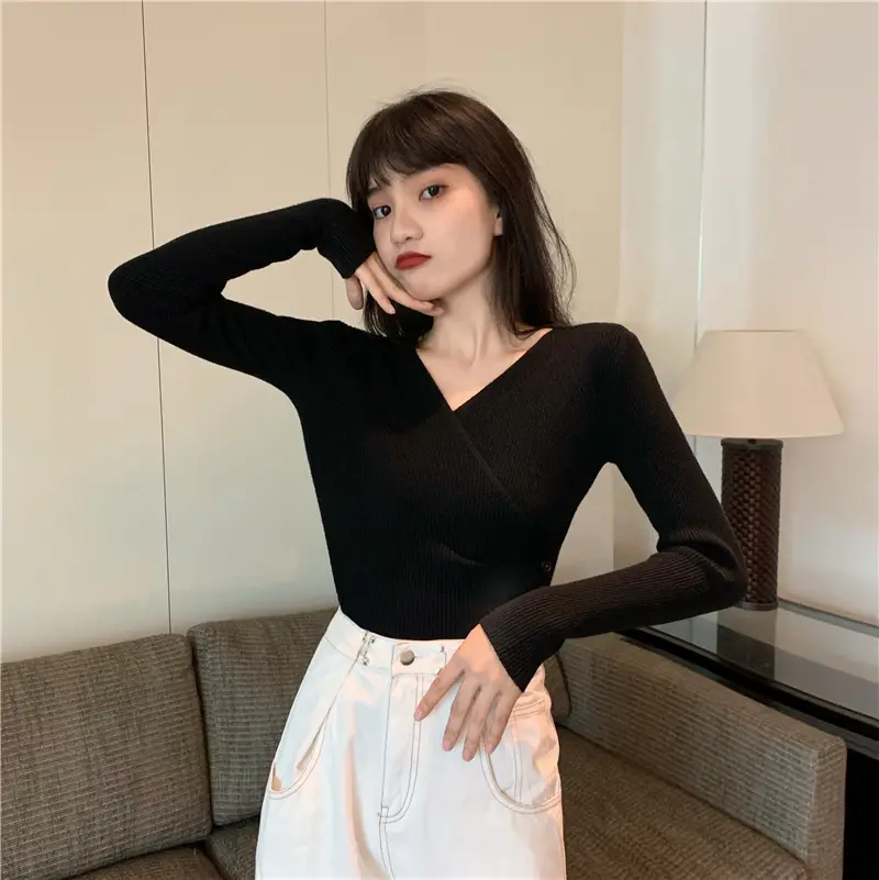 Women Cross V Neck Long Sleeve Sweater Black — feature 48