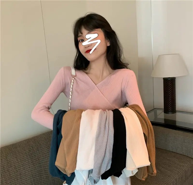 Women Cross V Neck Long Sleeve Sweater Black — feature 50