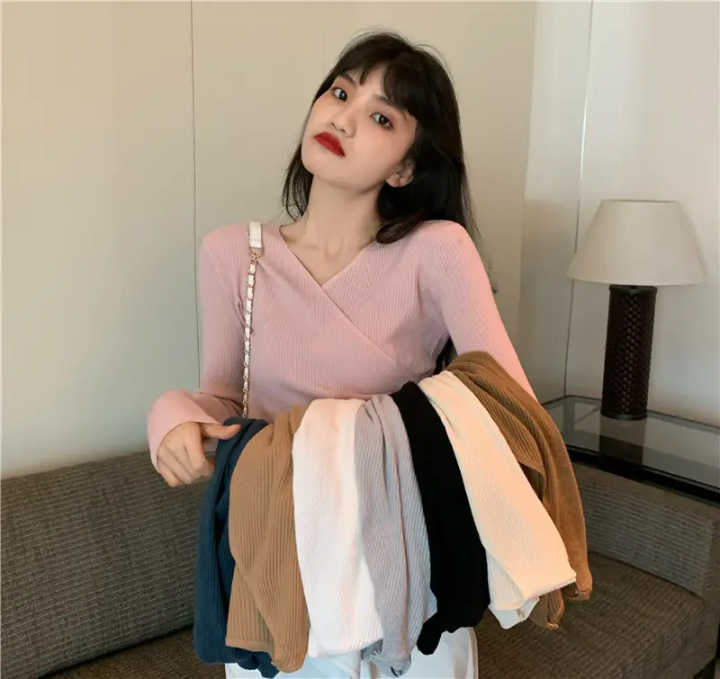 Women Cross V Neck Long Sleeve Sweater Black — feature 51