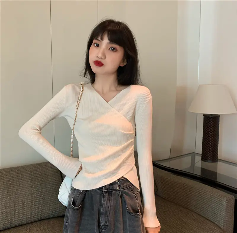 Women Cross V Neck Long Sleeve Sweater Black — feature 52