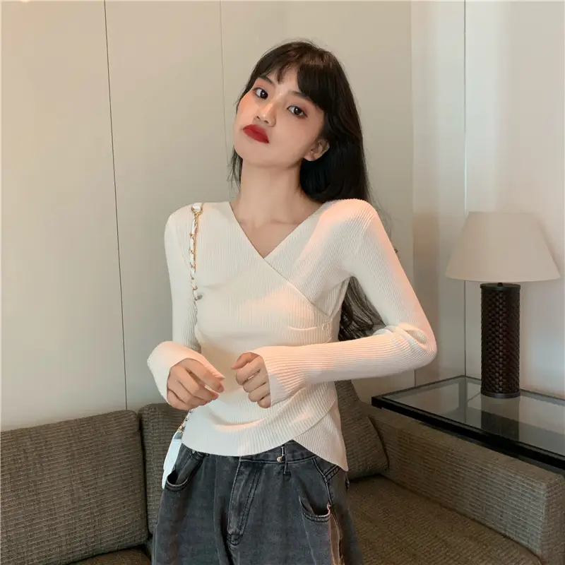 Women Cross V Neck Long Sleeve Sweater Black — feature 54
