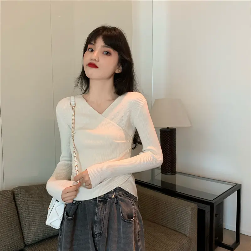 Women Cross V Neck Long Sleeve Sweater Black — feature 55