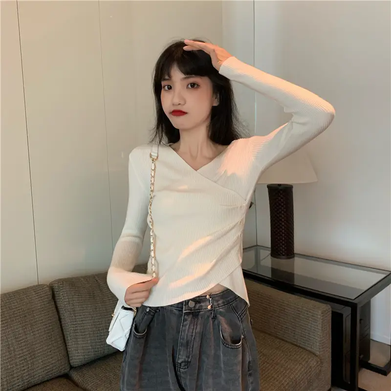 Women Cross V Neck Long Sleeve Sweater Black — feature 56
