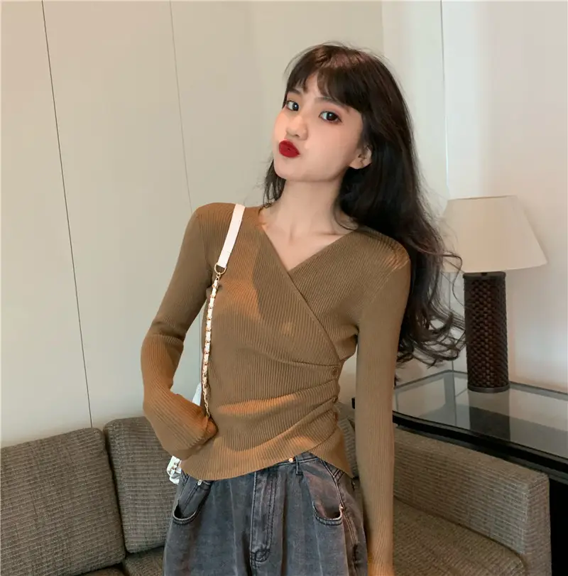 Women Cross V Neck Long Sleeve Sweater Black — feature 6