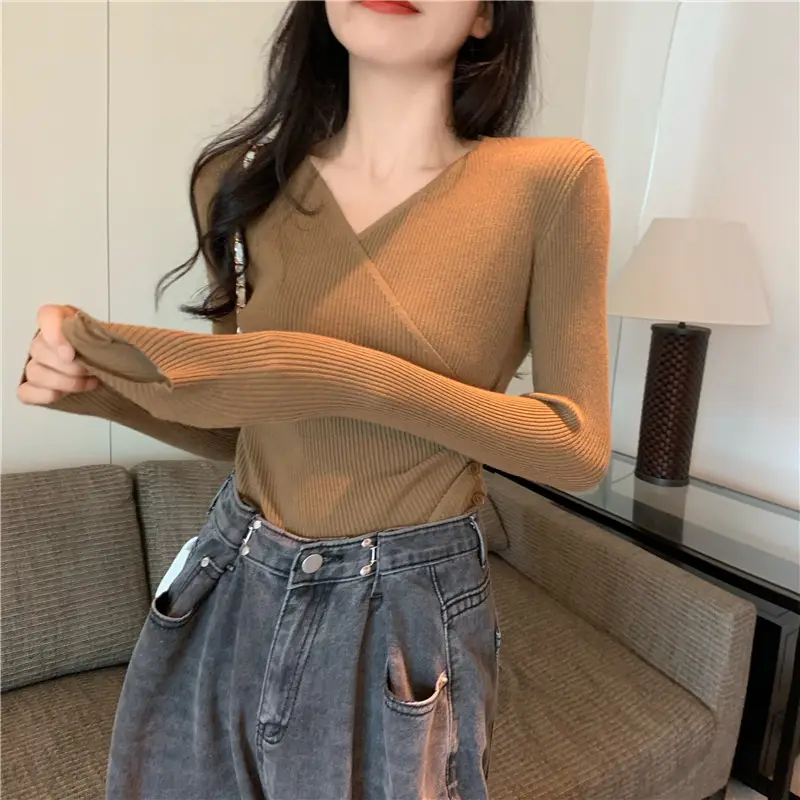 Women Cross V Neck Long Sleeve Sweater Black — feature 7