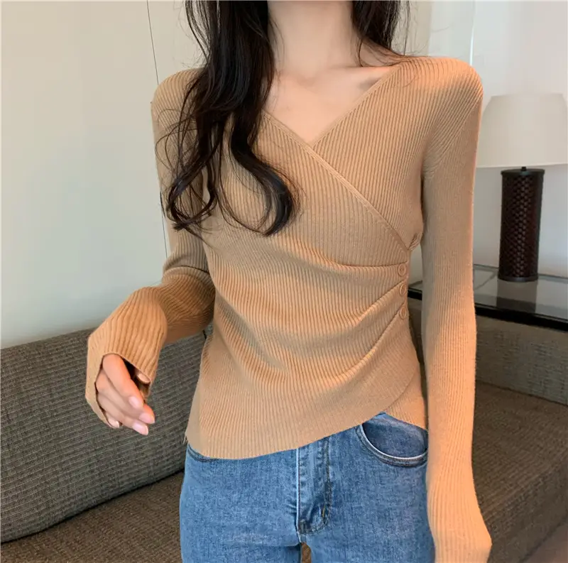 Women Cross V Neck Long Sleeve Sweater Black — feature 8