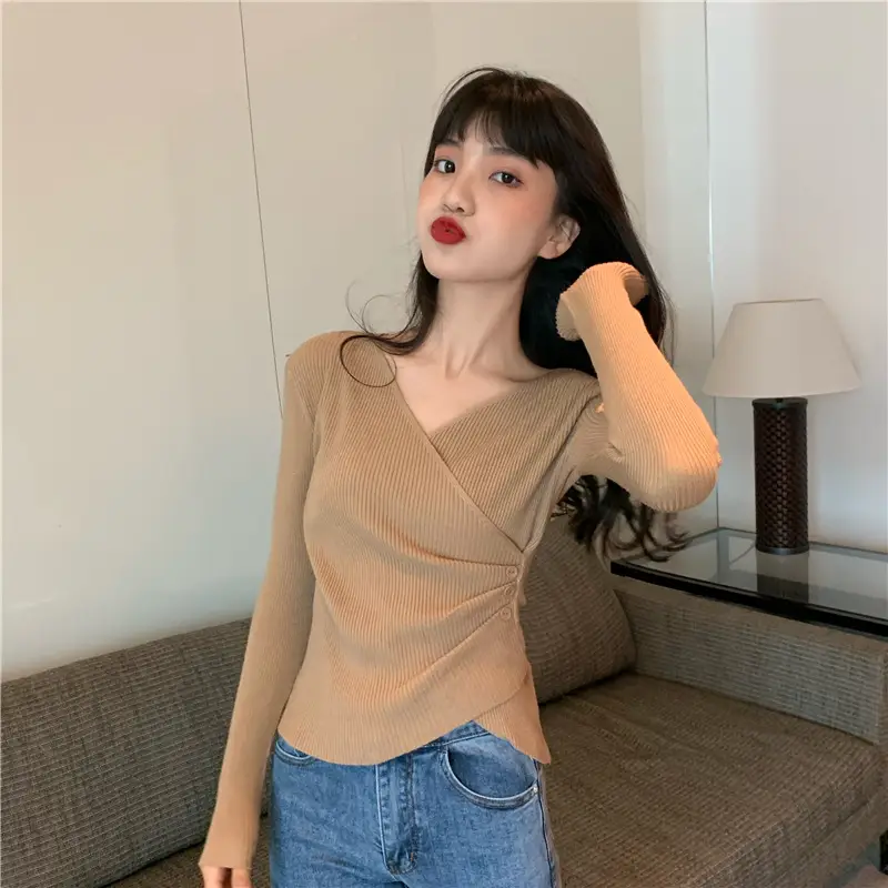 Women Cross V Neck Long Sleeve Sweater Black — feature 9