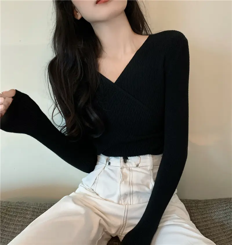 Women Cross V Neck Long Sleeve Sweater Black - Image 2