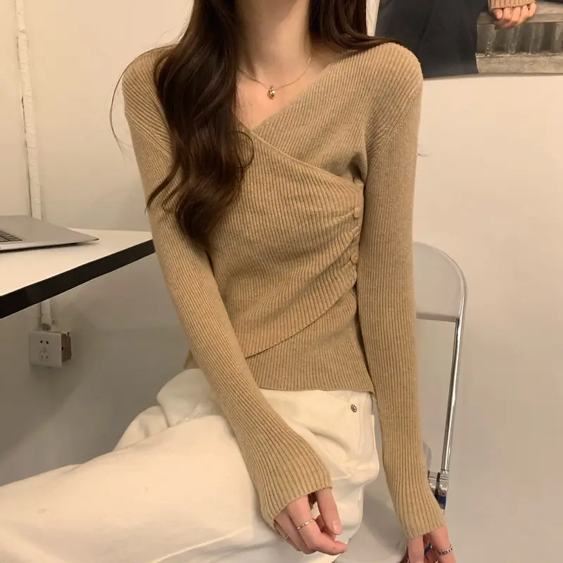 Women Cross V Neck Long Sleeve Sweater Black - Image 5