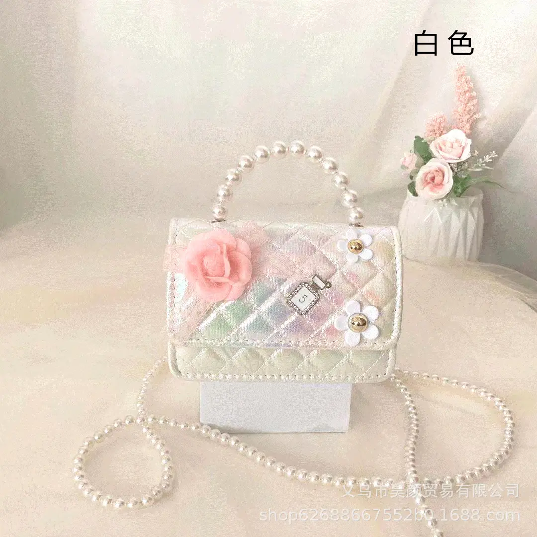 White Princess Crossbody Bag for Girls with Pearl & Flower Decor - Image 2
