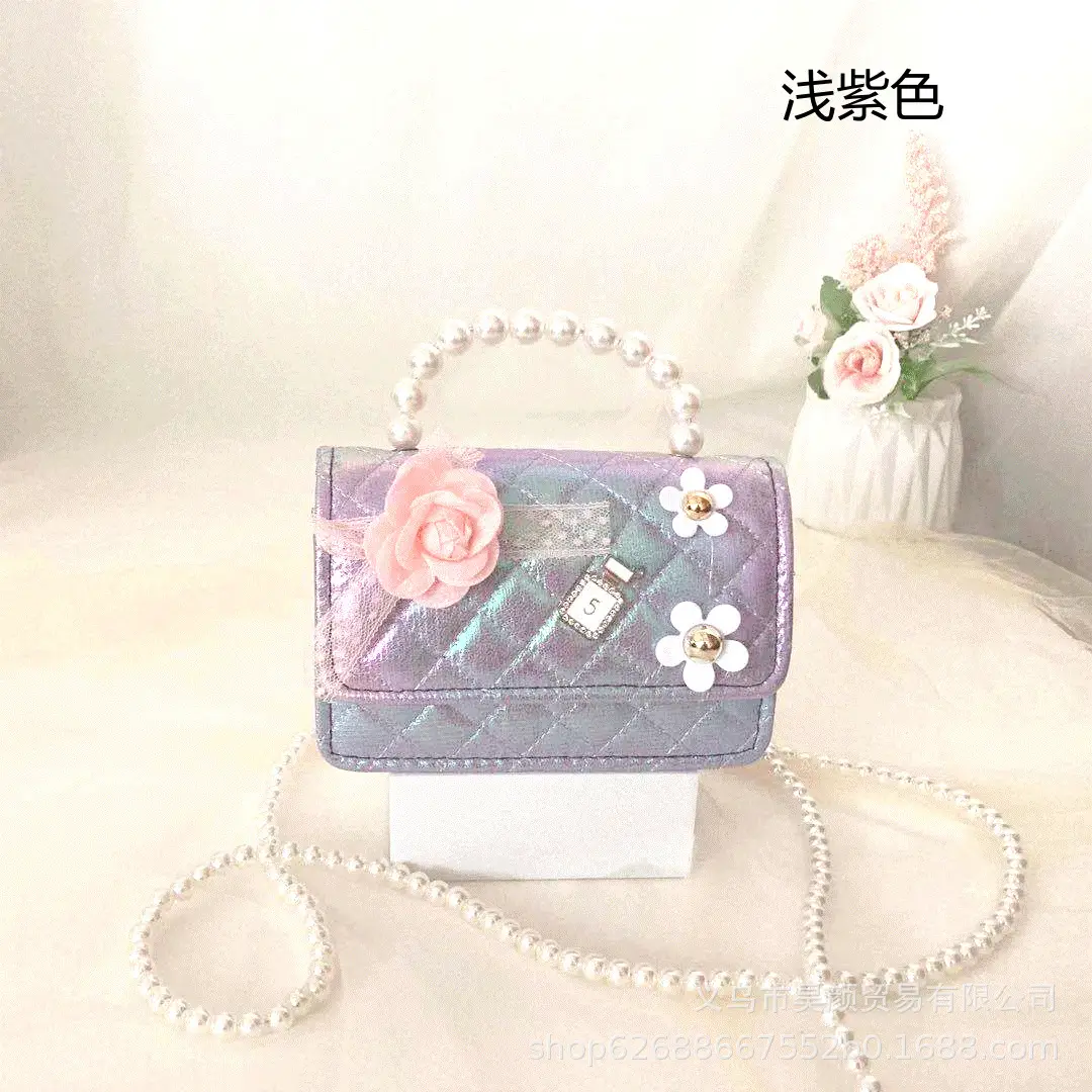 White Princess Crossbody Bag for Girls with Pearl & Flower Decor - Image 3