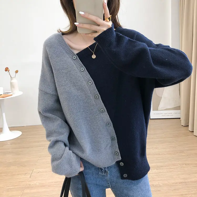 Women Knit Long Sleeve Contrast Blue Grey Set - Image 5